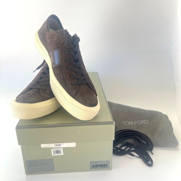 Tom Ford Cambridge Low Top Men Sneakers Suede Mocha Cream Shoes Size 10 - Picture 2 of 11